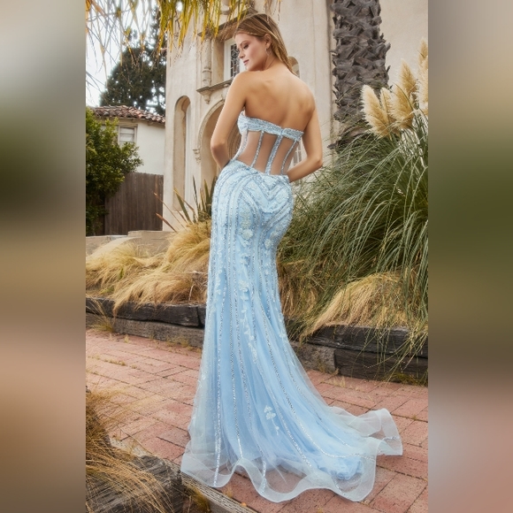 Strapless crystal studded embellished fitted sexy cut out long dress, blue,black - Picture 4 of 11